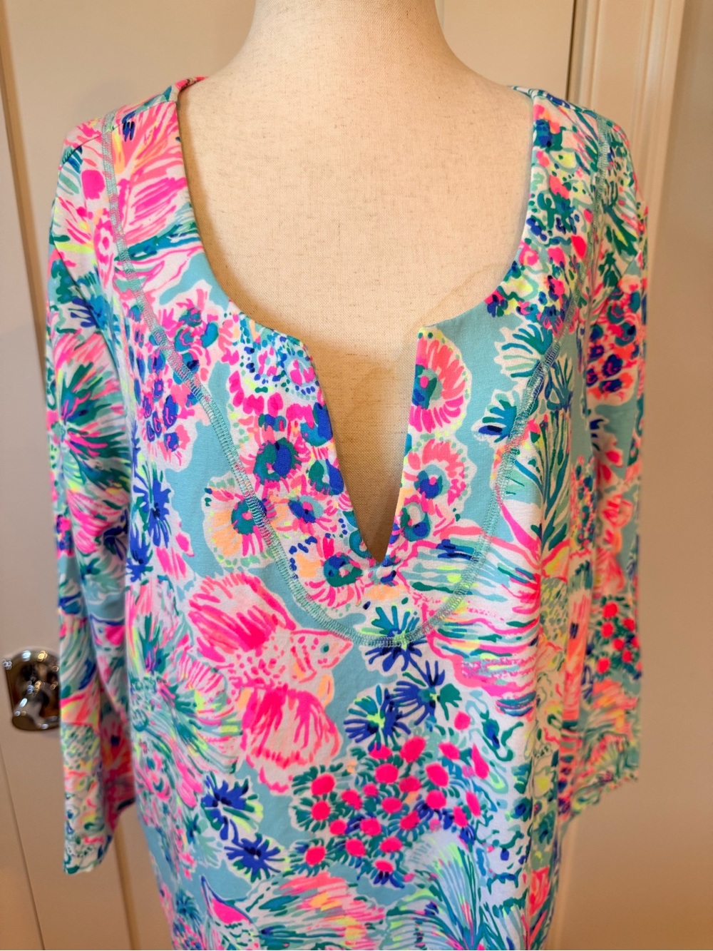 Lilly Pulitzer Aqua Floral Shift Dress with Pink and Blue Accents - Picture 2 of 12